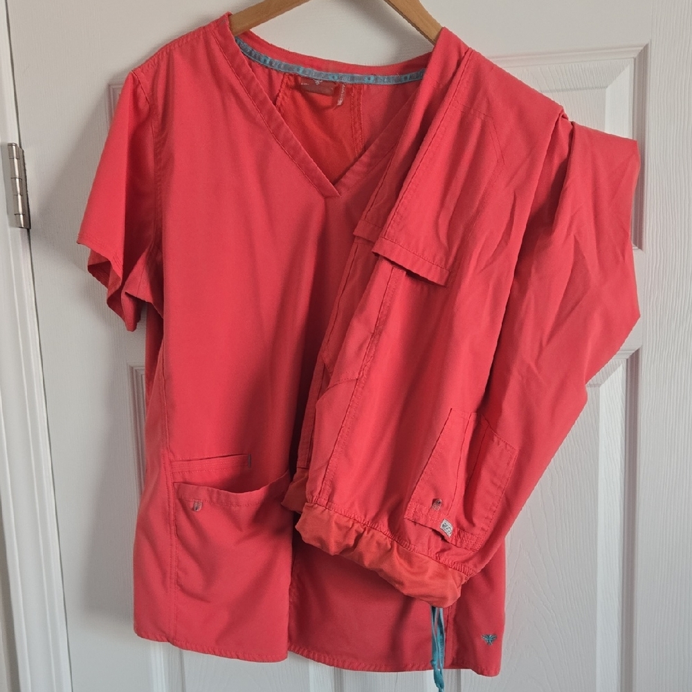 Med Couture Vibrant Coral Scrub Top
